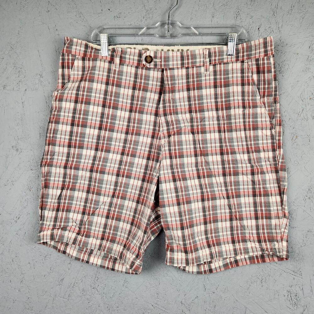 Old Navy Shorts Mens 36 Red Gray Plaid Madras Cotton Casual Summer Pockets Surf